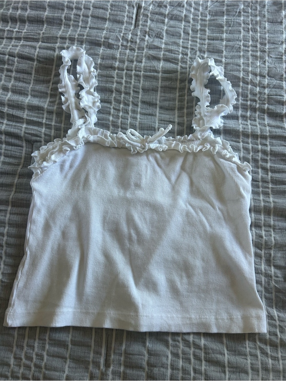 White Ruffle-Trim Ribbed Tank Top